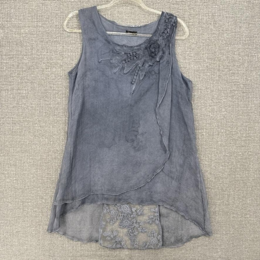 Shana Tank Womens M Blue Tunic Embroidered Crochet Linen Lined Relaxed